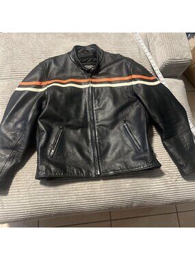 Motorcycle Leather Jacket Unisex Large Black With Orange &cream Stripe